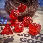 Red Glass Crystal Stone Polyhedral Gemstone Dice Set, 7 Pieces Golden Demon Dragon Series