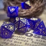 Sapphire Blue Cat's Eye Crystal Stone Polyhedral Gemstone Dice Set, 7 Pieces Golden Demon Dragon Series