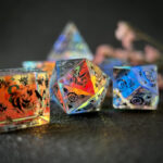 Prismatic Mirage Polyhedral Gemstone Dice Set, 7 Pieces Crossing Fire Seal Series – Black Engravings
